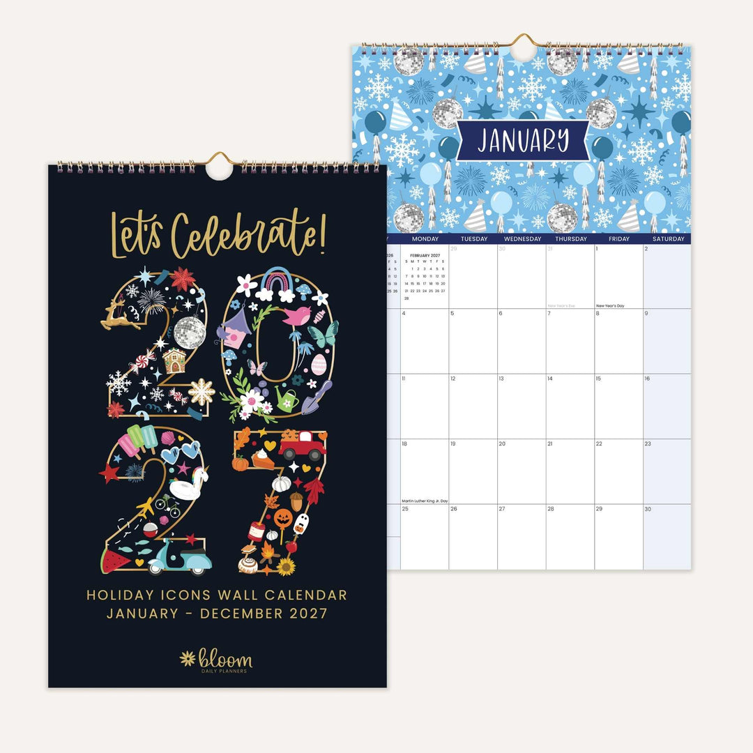 Two calendars side by side, one with 'Let's Celebrate!' text and colorful numbers, the other showing January with a blue snowy design.