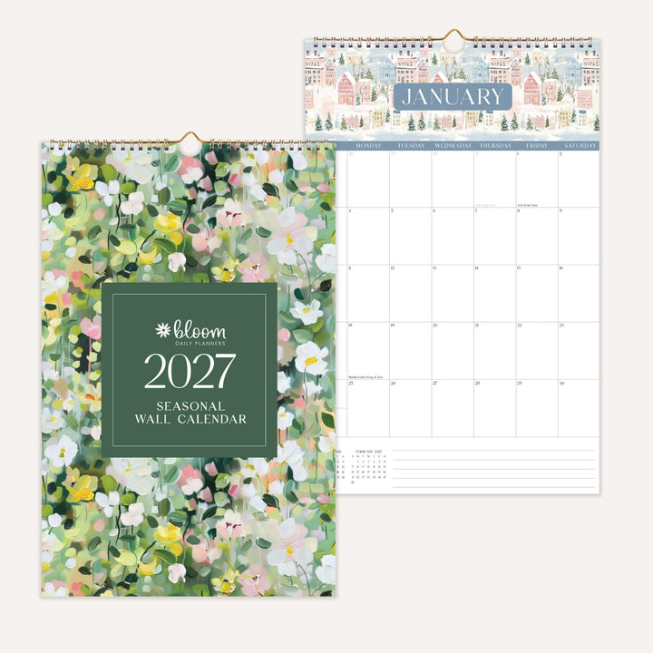 Floral-patterned 2027 wall calendar with a sample page showing January.