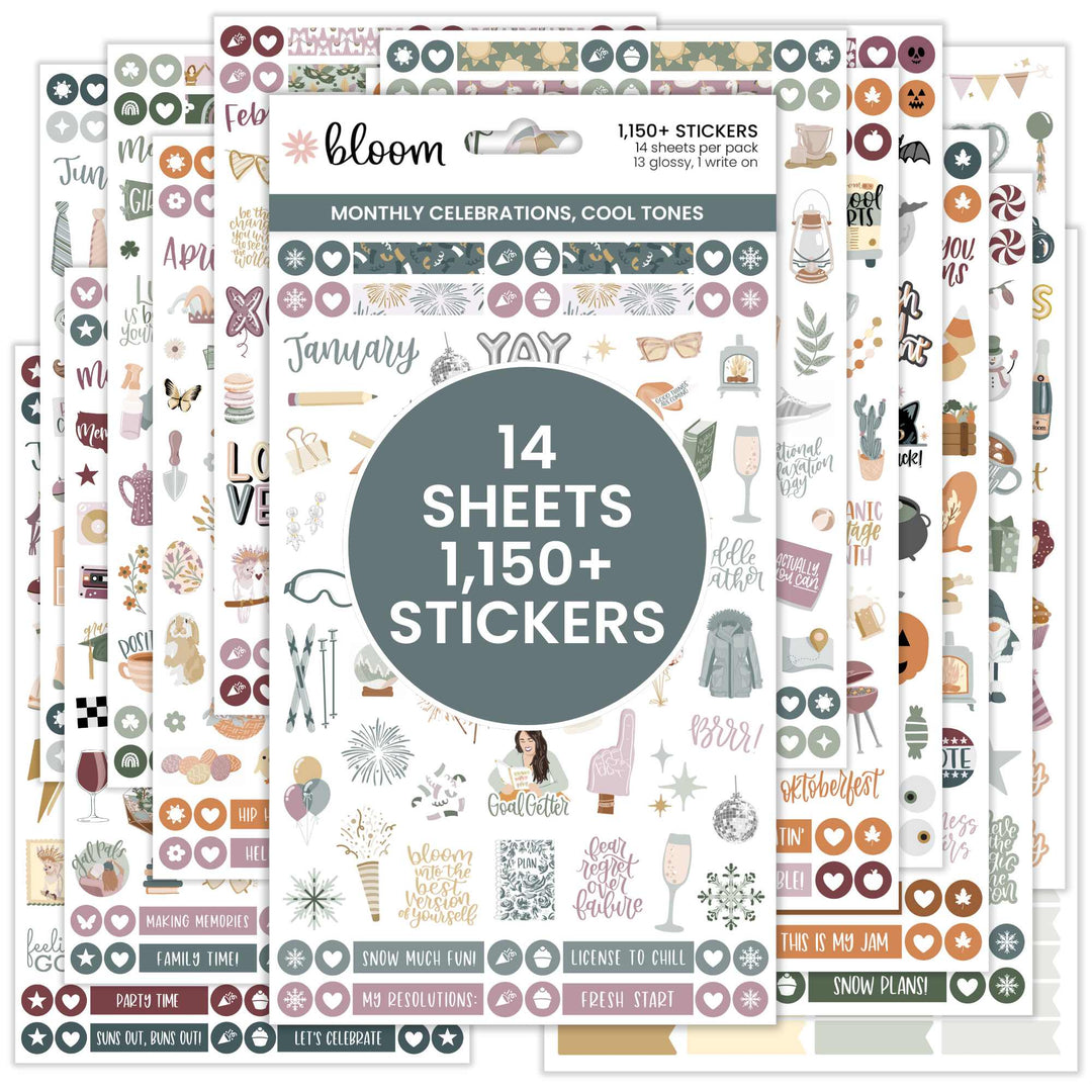 Planner Sticker Value Pack, Monthly Celebrations, Cool Tones