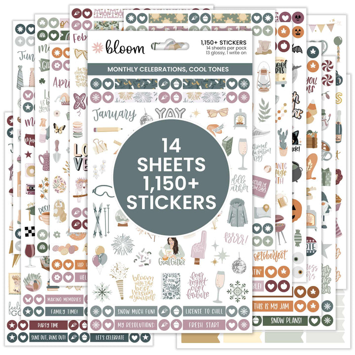 Planner Sticker Value Pack, Monthly Celebrations, Cool Tones