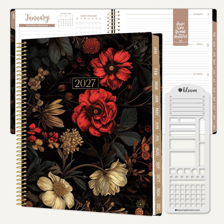 A 2027 spiral-bound planner shown open with floral cover pages and a white daily planner insert on a light beige background. The cover features large red and cream flowers with dark botanical leaves, and the insert includes labeled sections and a calendar grid.