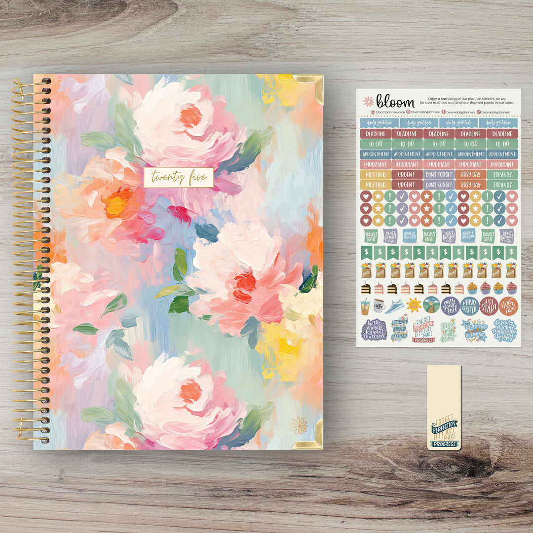 2025 Hard Cover Planner, 8.5" x 11", Painted Peonies