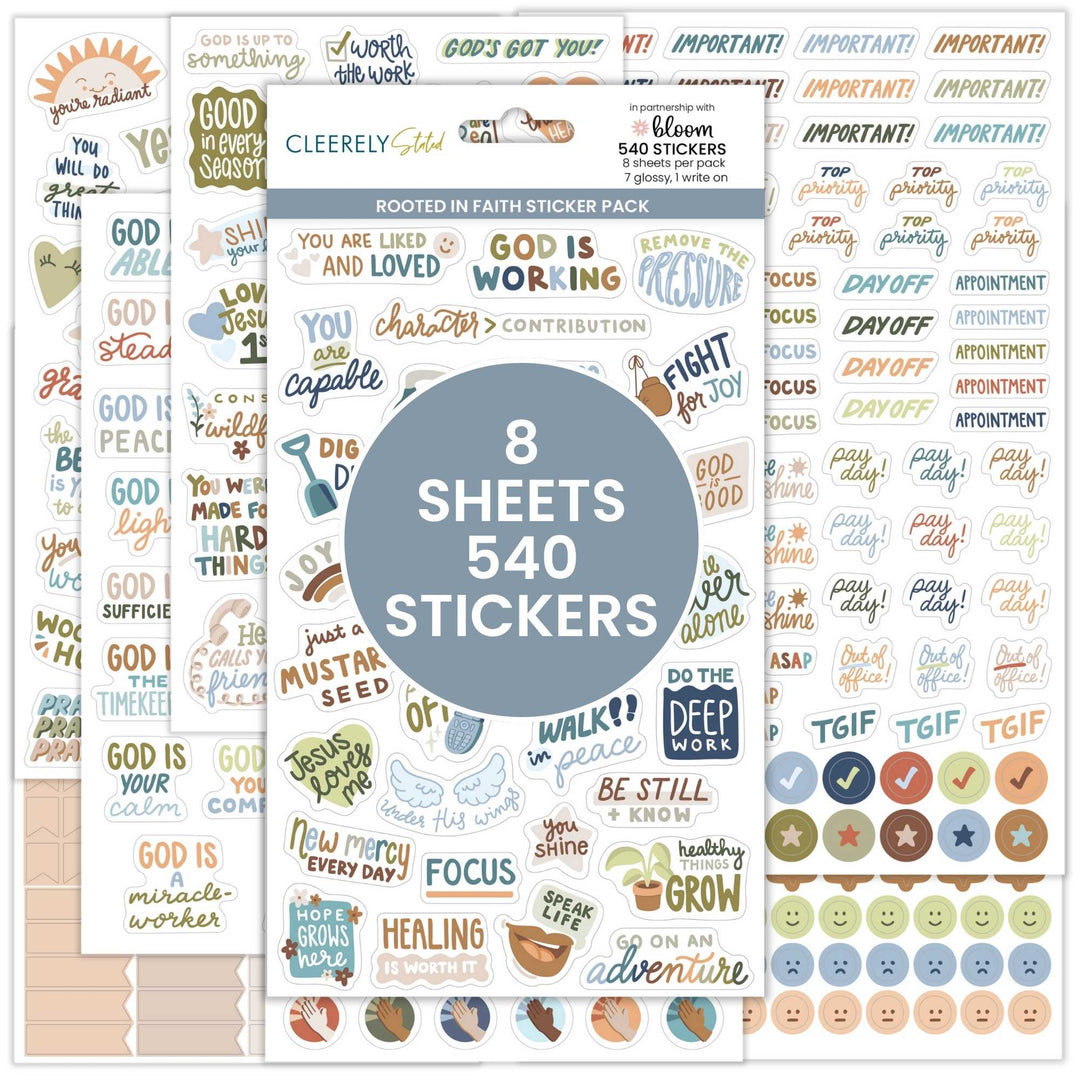 Fanned out photo of the Rooted in Faith Planner Sticker Pack by bloom and Cleerely Stated detailing out that there are 8 sheets and 540 stickers.