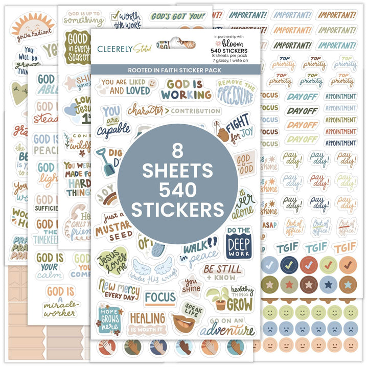 Fanned out photo of the Rooted in Faith Planner Sticker Pack by bloom and Cleerely Stated detailing out that there are 8 sheets and 540 stickers.