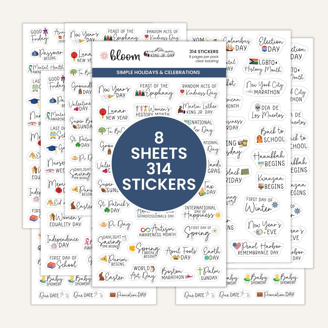 Holiday and celebration sticker sheets set, 8 sheets with 314 stickers, clear backed.