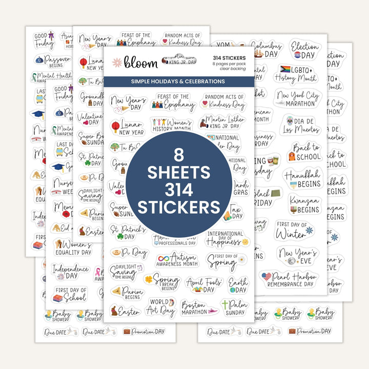 Holiday and celebration sticker sheets set, 8 sheets with 314 stickers, clear backed.