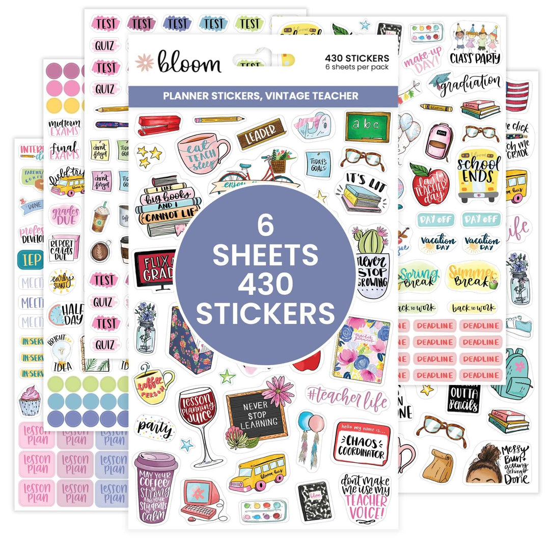 Collection of hand drawn teacher planner stickers with various designs on a white background