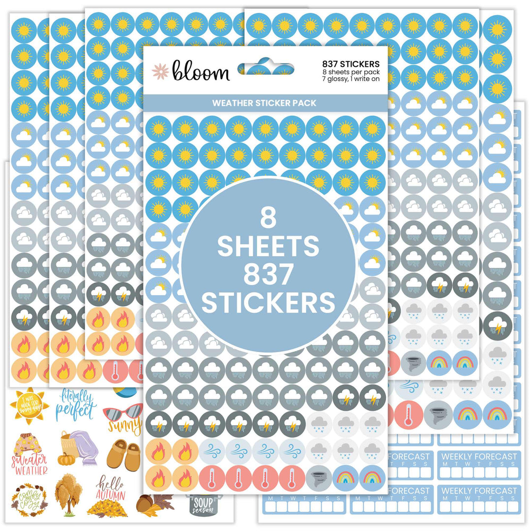 Packaging of weather-themed stickers with a blue label indicating 837 stickers on 8 sheets.
