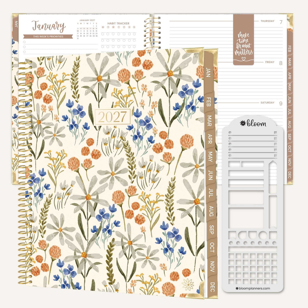A floral planner set shown open and closed on a white background, featuring a 2027 spiral-bound planner cover with blue, orange, and beige wildflower illustrations, interior monthly pages, a tabbed index strip, and a white plastic clip board.