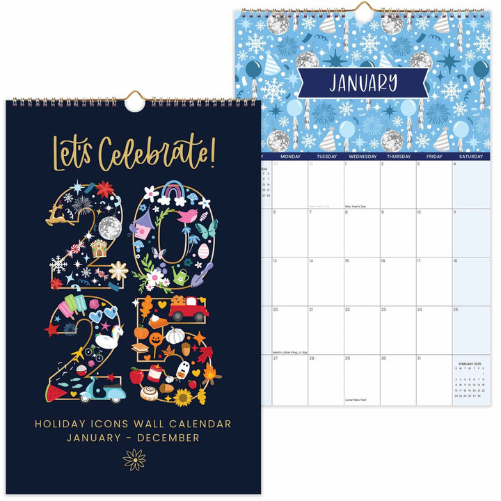 2025 Hanging Calendar, 11" x 17", Holiday Icons