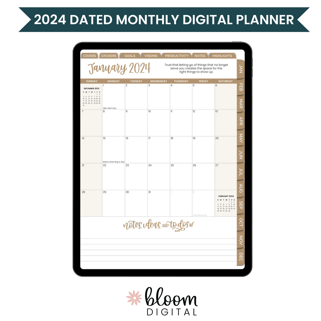 2024 Dated Digital Planner w/ Accessories Kit – Bloom and Balance Downloads