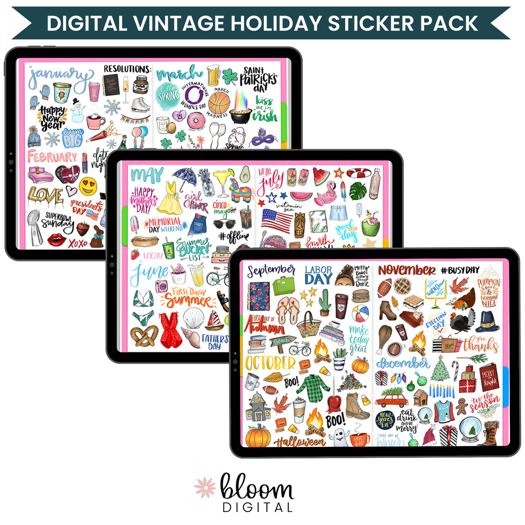 Digital Sticker Pack, Vintage Holiday Stickers