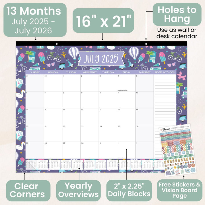 2025-26 Desk & Wall Calendar, 16" x 21", Holiday Icons