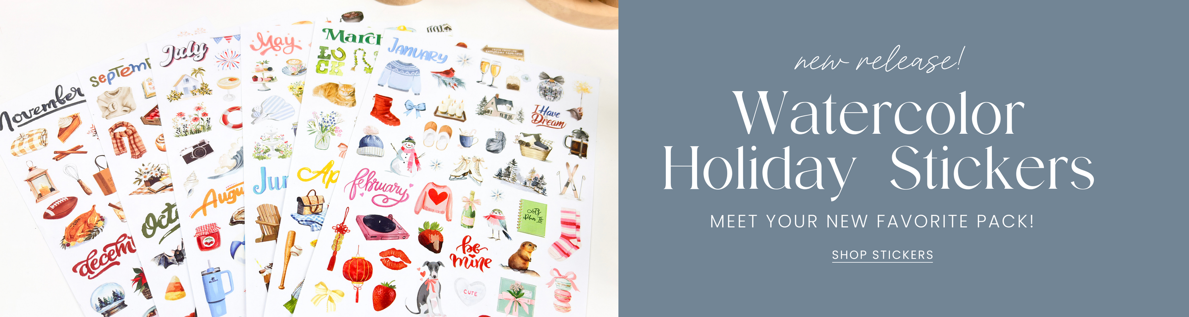 Collection of watercolor holiday stickers with a promotional text on a blue background.
