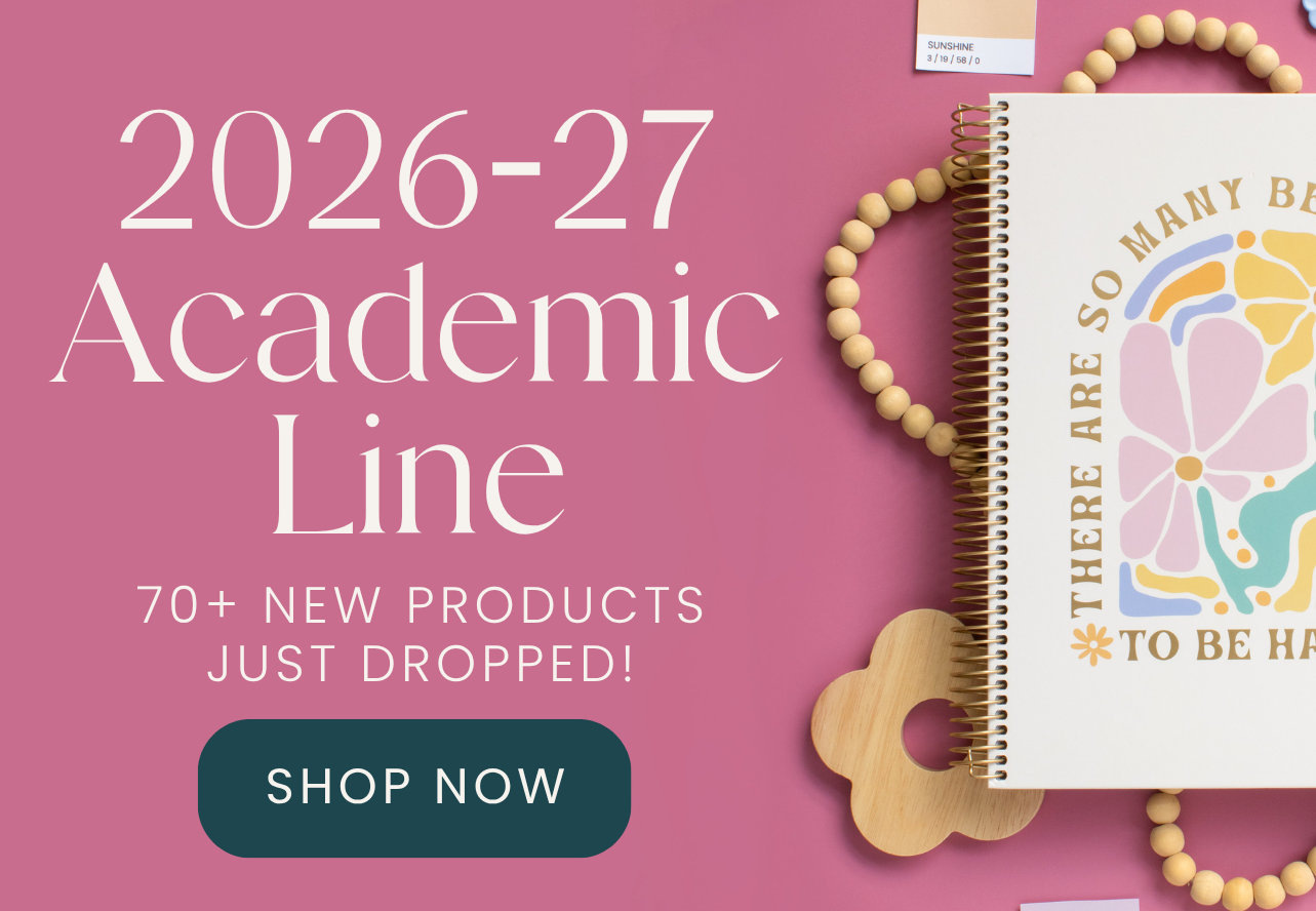 Promotional image for 2026-27 academic line with a notebook and text on a pink background