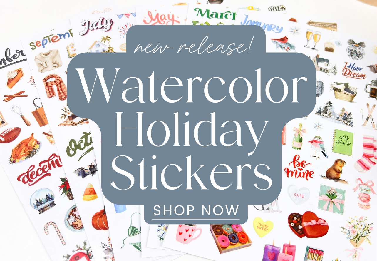 Promotional image for watercolor holiday stickers with various designs and text overlay.