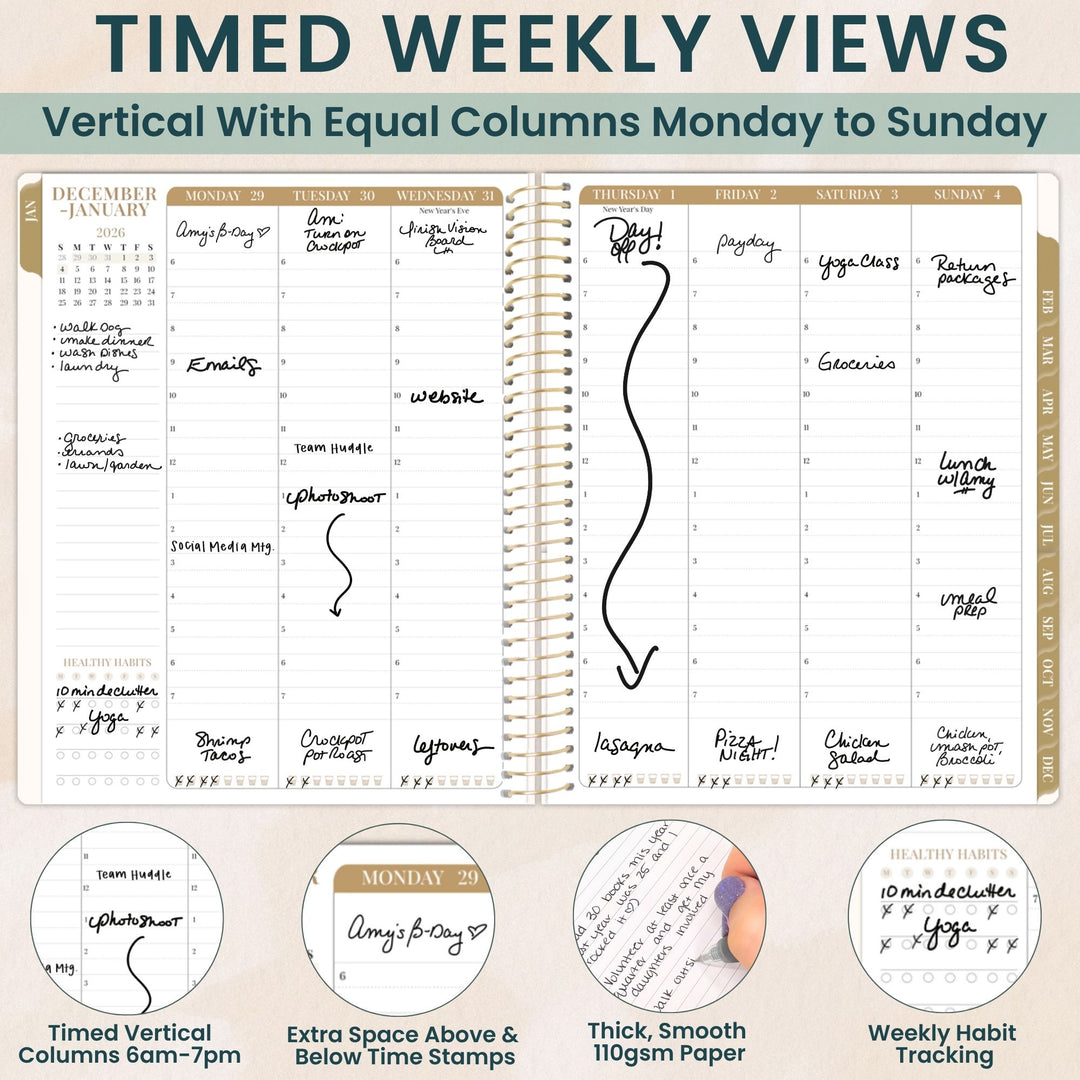2026 Timed Vertical Weekly Planner, 8.5" x 11", Interchangeable Cover