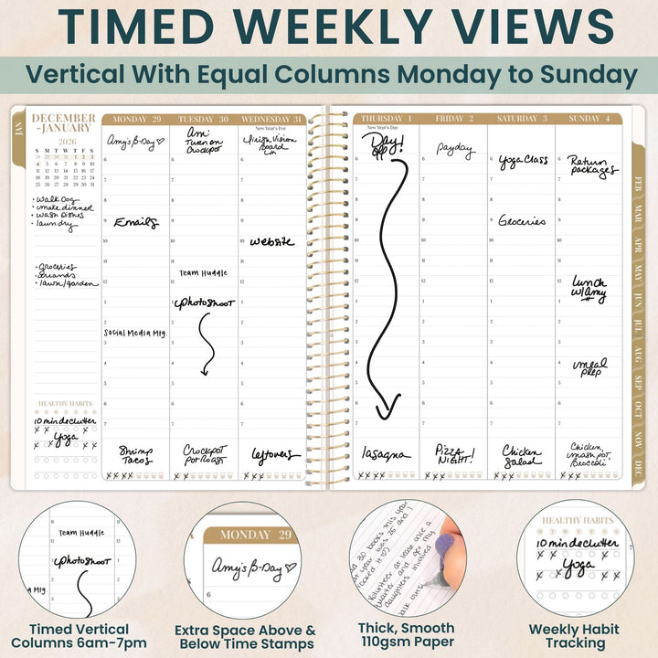2026 Timed Vertical Weekly Planner, 8.5" x 11", Interchangeable Cover