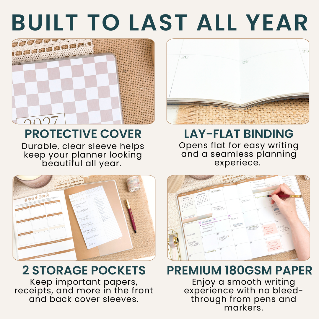 Product features of a planner with text highlighting protective cover, lay-flat binding, storage pockets, and premium paper quality.