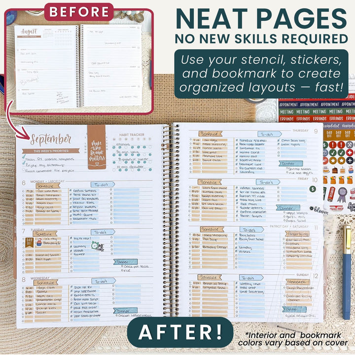 A promotional graphic for a planner organizer kit showing an open spiral-bound planner with filled in monthly layouts, alongside smaller before/after insets and text reading 'NEAT PAGES' and 'NO NEW SKILLS REQUIRED.' The image includes stickers, a pen, and a phone case on a wood-textured background.