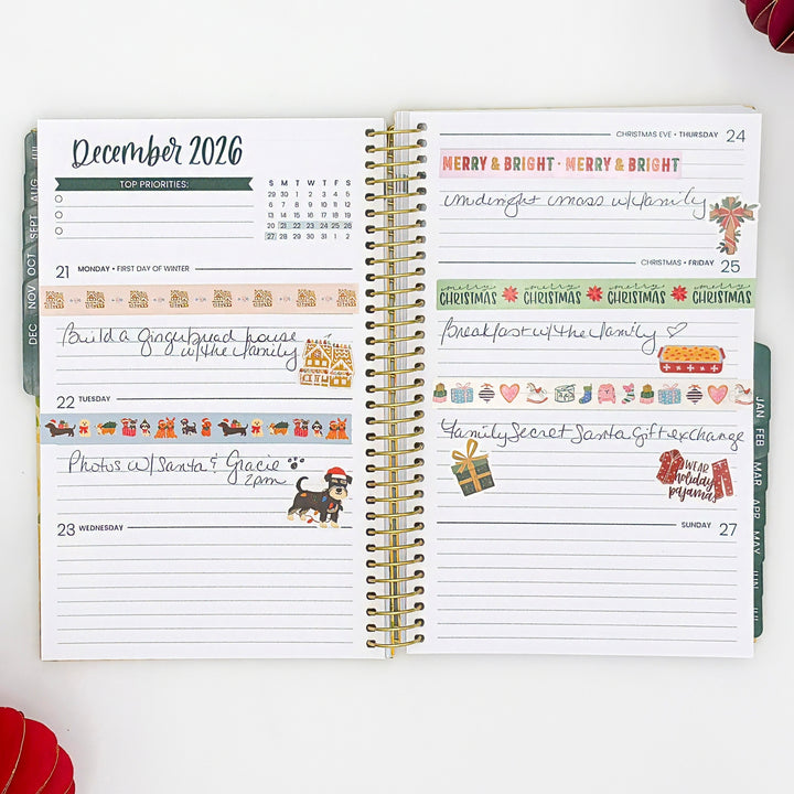 December 2026 planner view with holiday decorative sticker notes and calendar icons