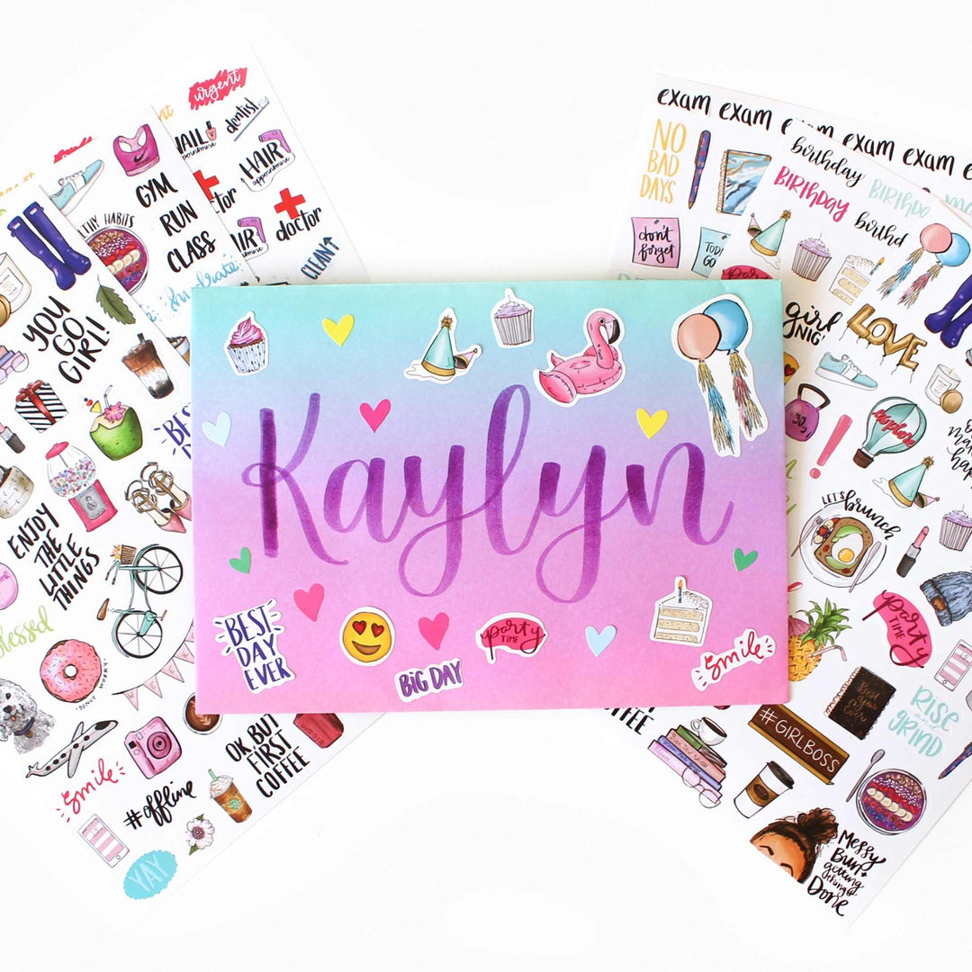 Sticker sheet with 'Kaylyn' in purple, surrounded by various small stickers on a white background.