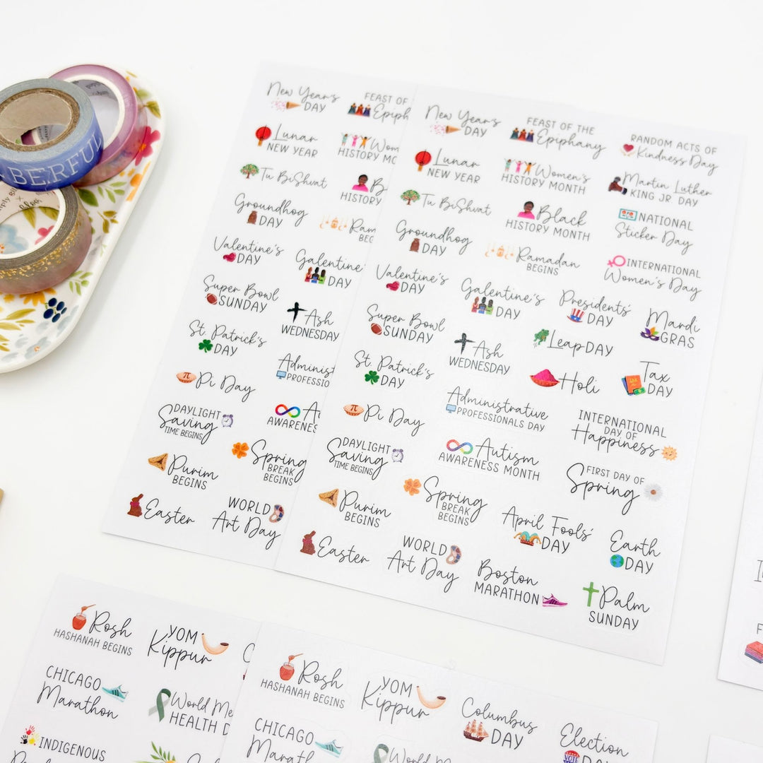 Set of holiday celebration sticker sheets with themed date labels