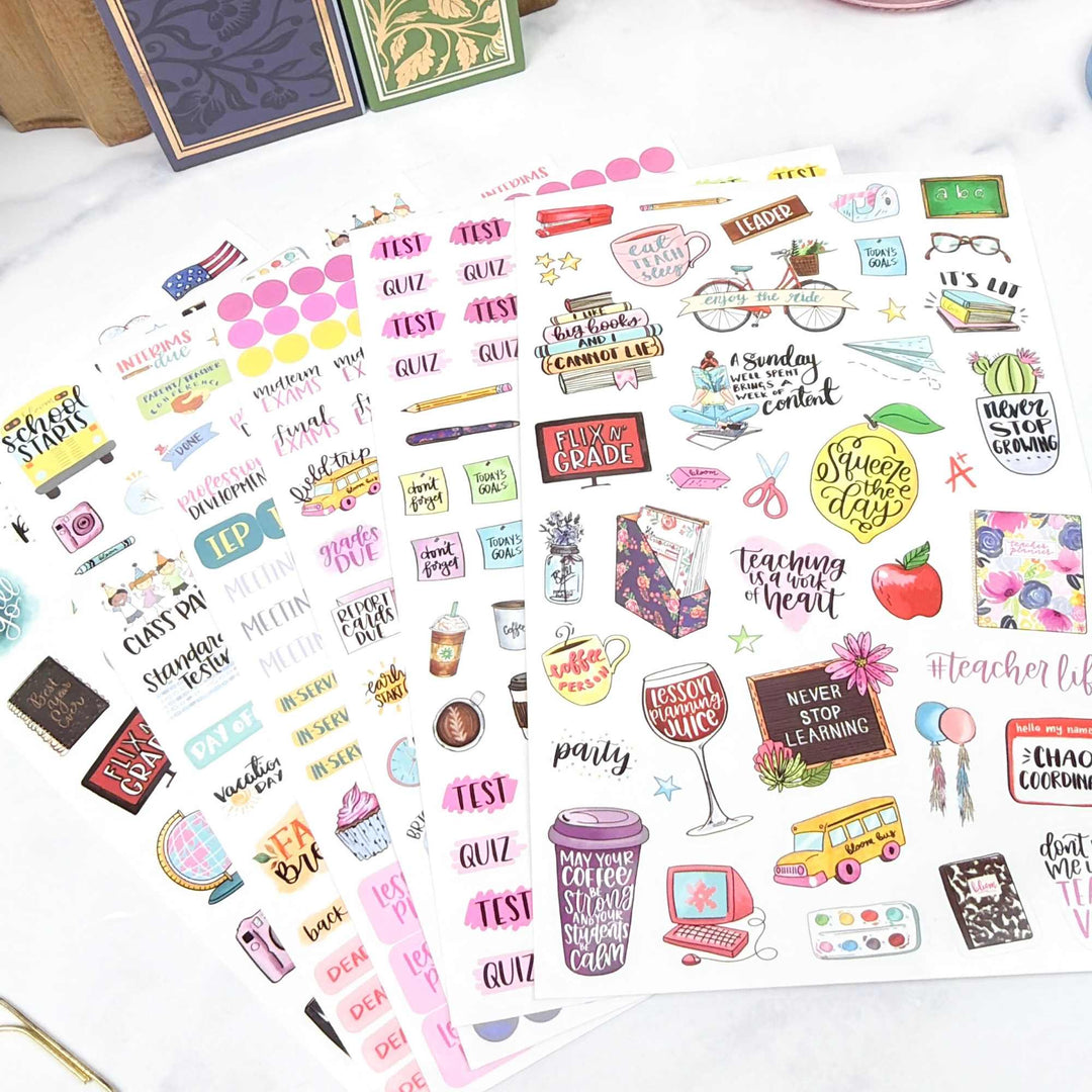 Sheet of colorful teacher-themed stickers on a white surface