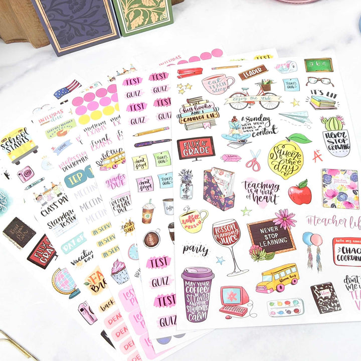 Sheet of colorful teacher-themed stickers on a white surface