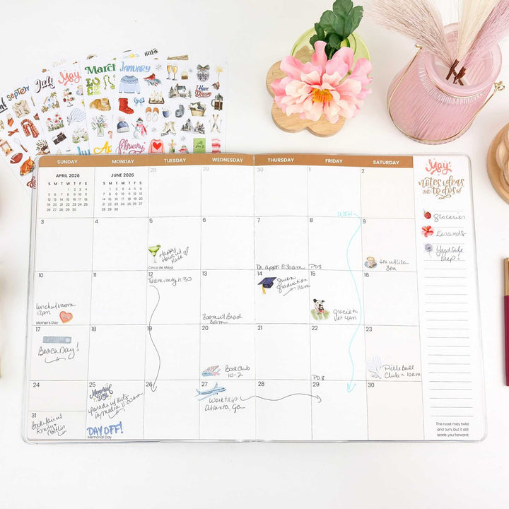 Full May 2026 planner spread with stickers placed throughout the month