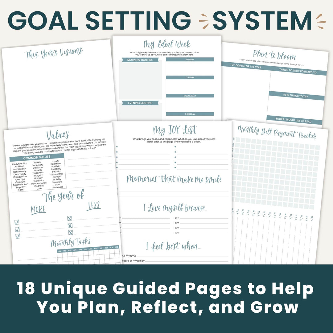 A promotional graphic for a goal-setting system showing multiple printable planner pages arranged on a light background, with large text reading 'GOAL SETTING SYSTEM' at the top and '18 Unique Guided Pages to Help You Plan, Reflect, and Grow' at the bottom.