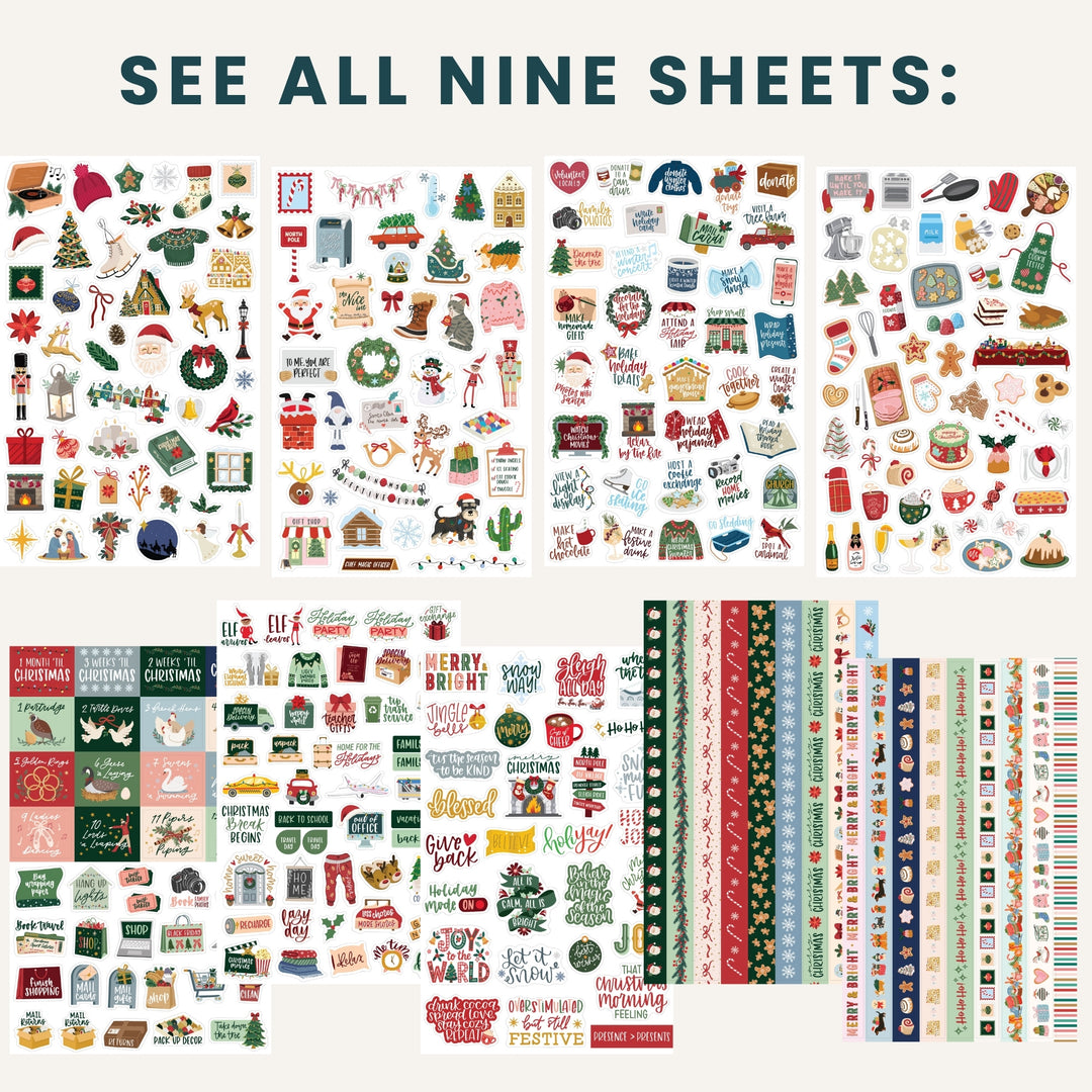 Christmas planner sticker set on a collage of multiple sheets, colorful icons and phrases