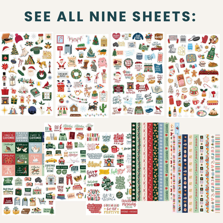 Christmas planner sticker set on a collage of multiple sheets, colorful icons and phrases