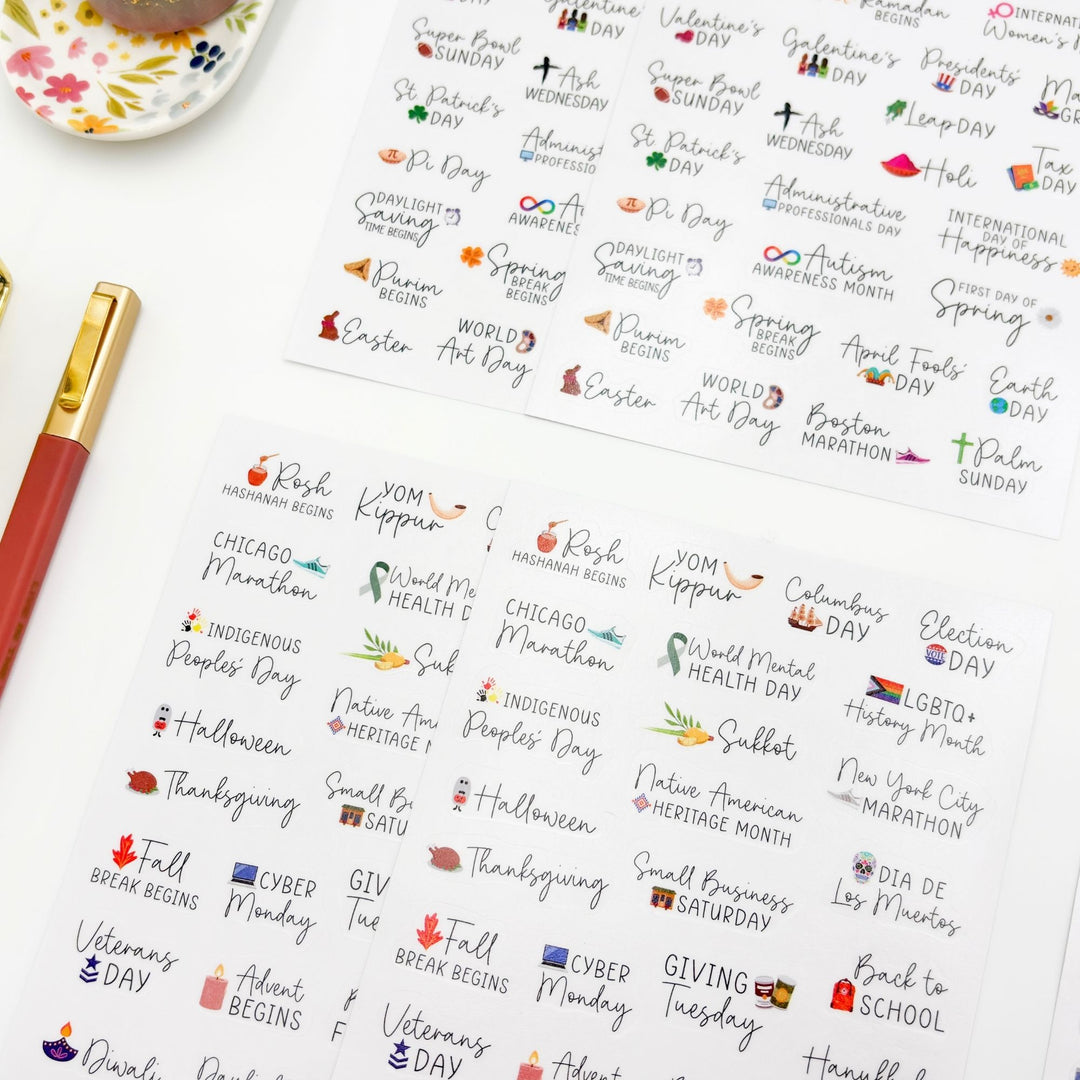 Planner sticker sheet with colorful holiday and celebration labels and icons