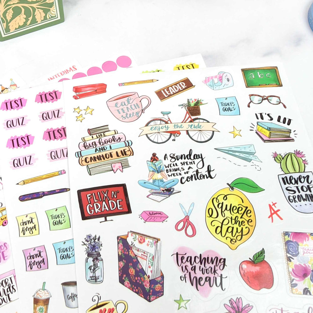 Collection of colorful stickers with various designs on a white background