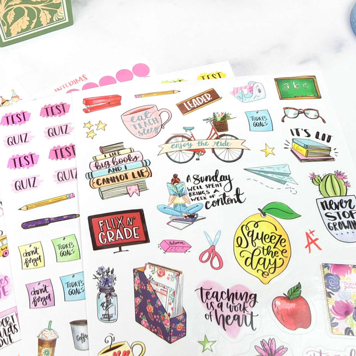 Collection of colorful stickers with various designs on a white background