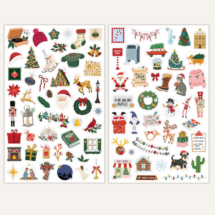 Christmas sticker sheets featuring trees, houses, gifts, and holiday character icons