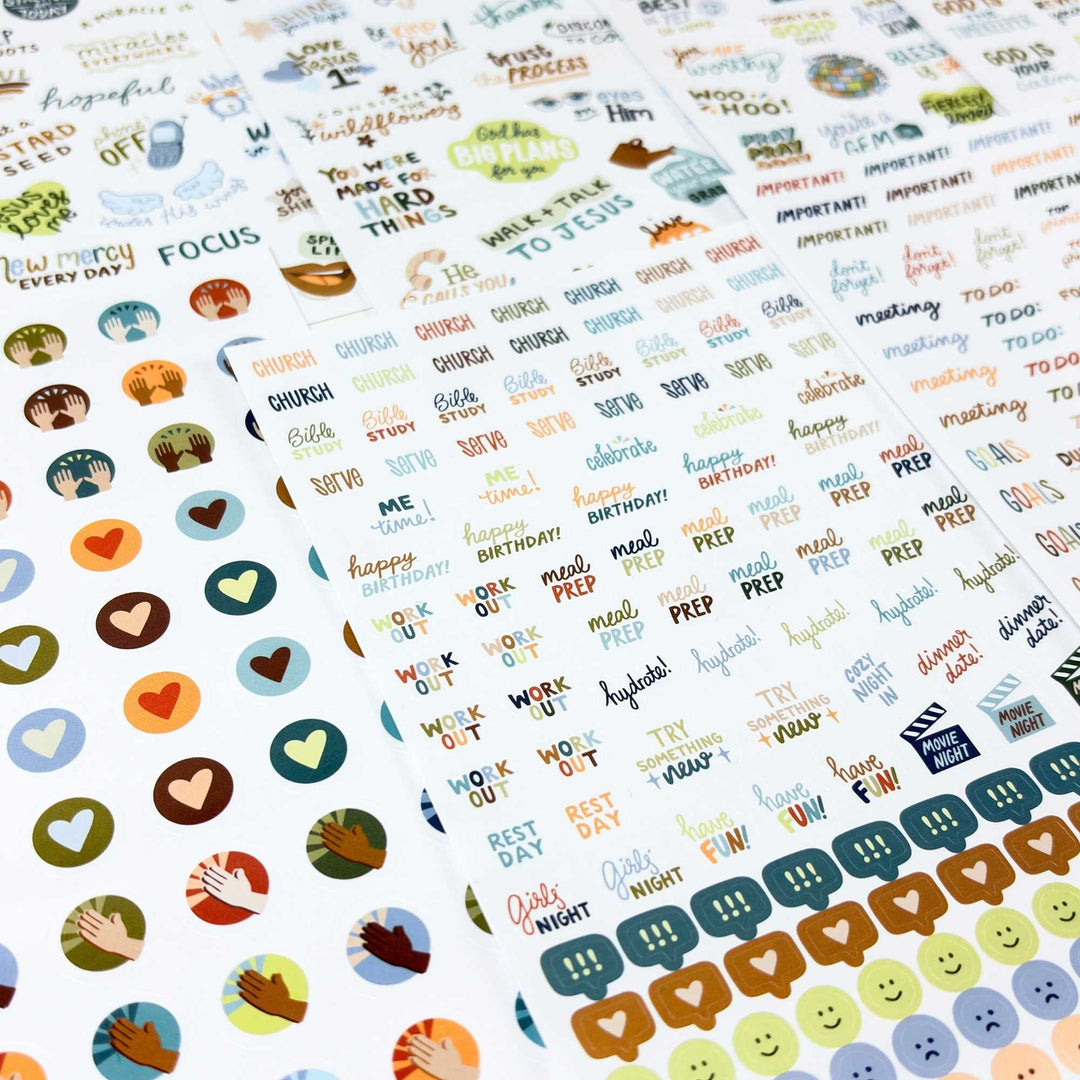 Detail view of more tactical pages like happy birthday, meal prep, and meeting stickers. 