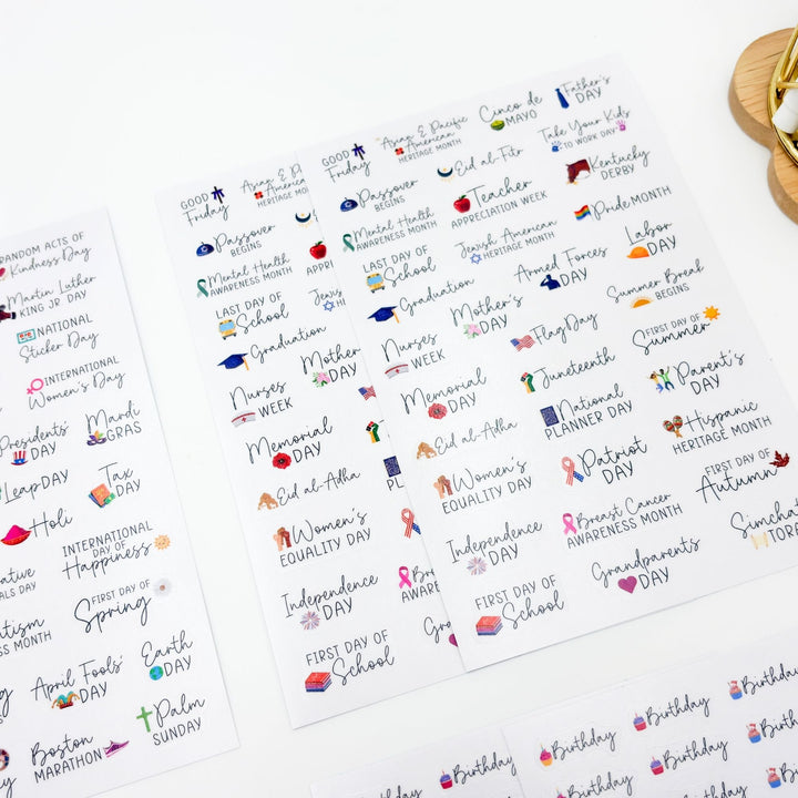 Planner sticker sheets with colorful event day labels, icons, and checkboxes