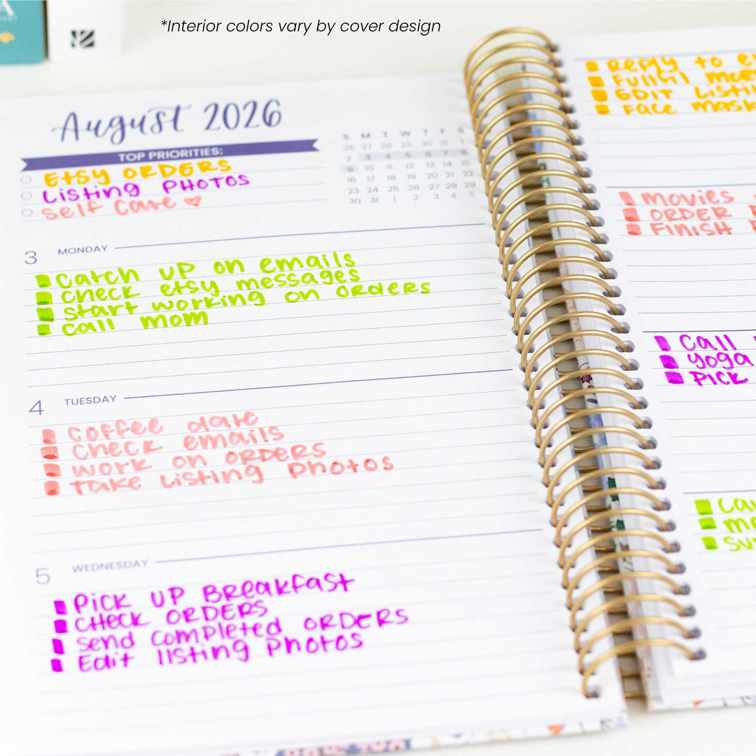 Planner with August 2026 dates and tasks listed, showing a daily schedule.
