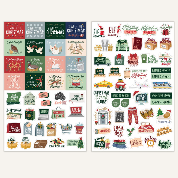 Christmas phrase and icon sticker sheets for planners, with cards, mail, and labels