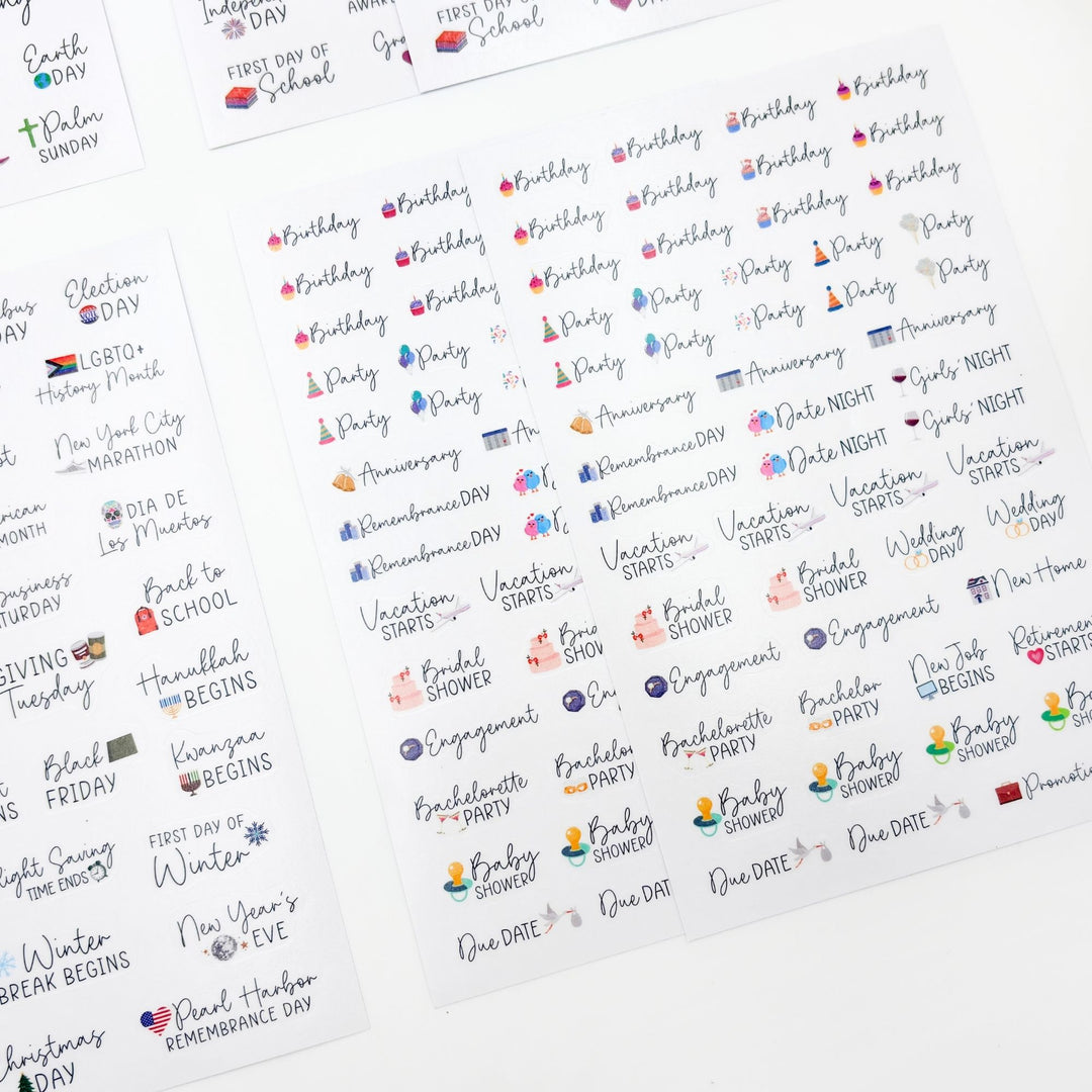 Planner sticker sheet featuring colorful birthday, holiday, and event date labels