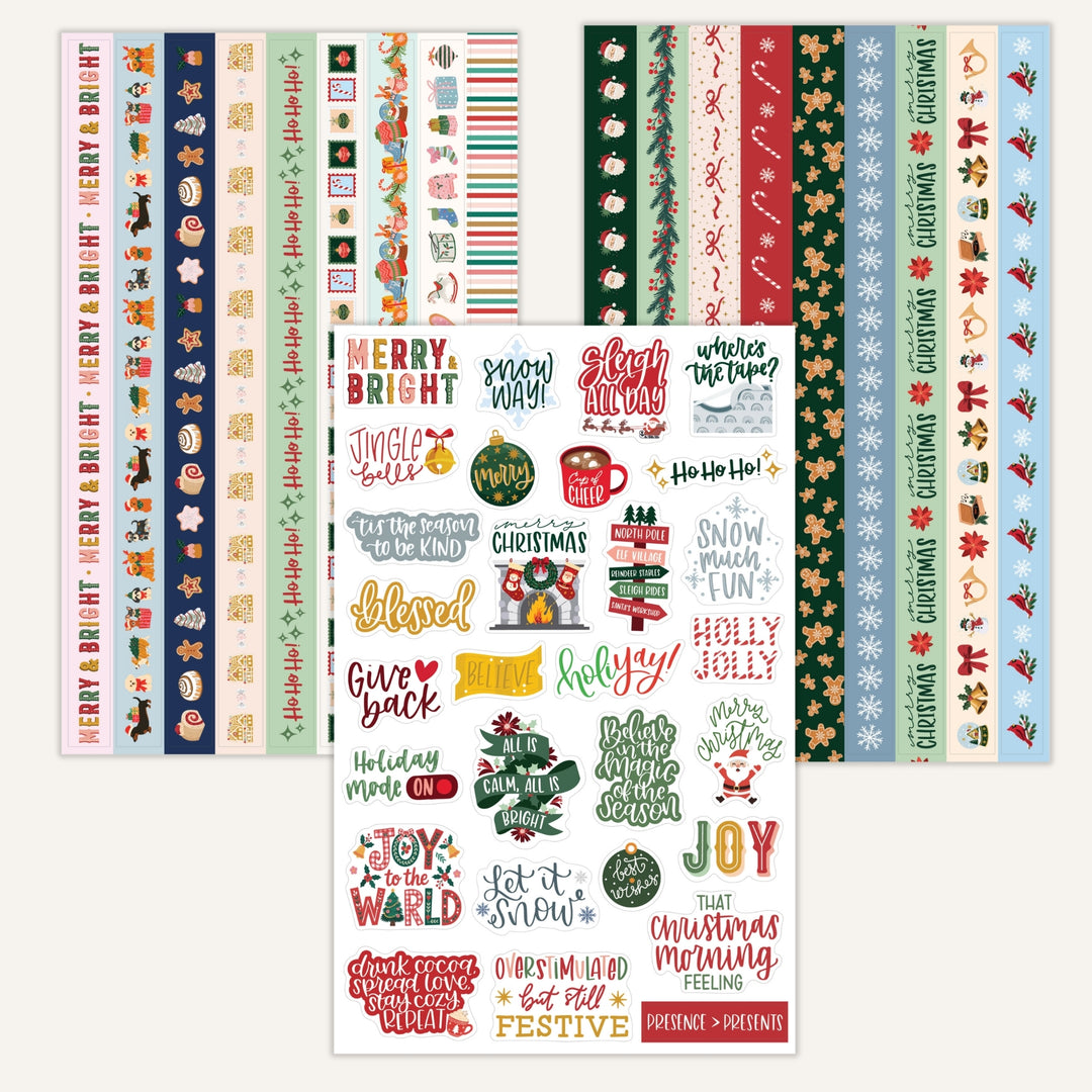 Christmas planner sticker pack with patterned border strips and a central icon-and-phrase sheet