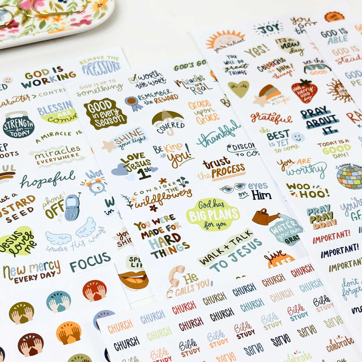 Close up shot of quote stickers as well as repeating stickers like church, serve, and celebrate. 