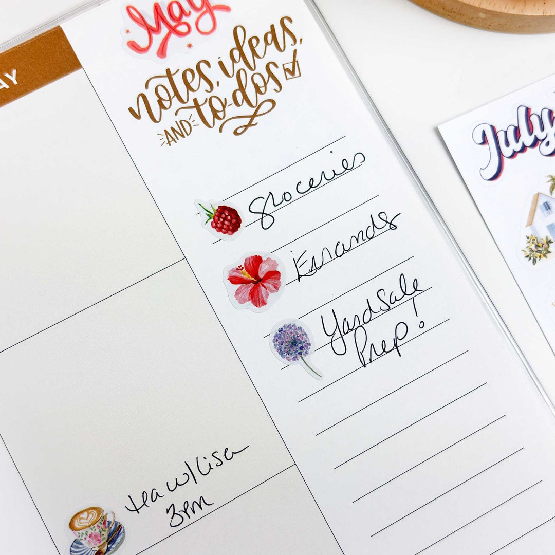 Notes sidebar with May sticker and flower stickers used as bullet points