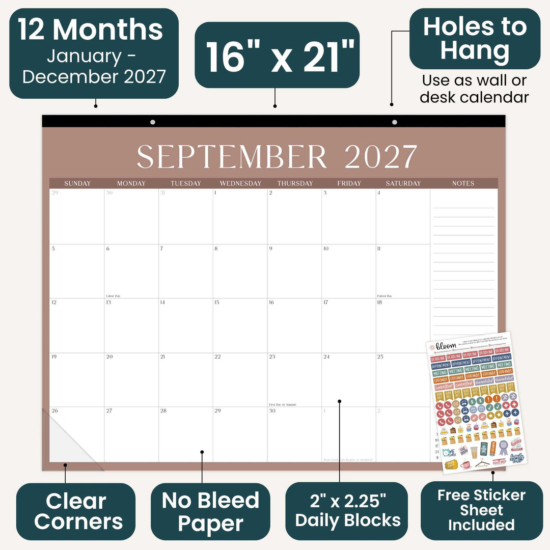 Wall calendar with September 2027 layout, dimensions, and features on a white background