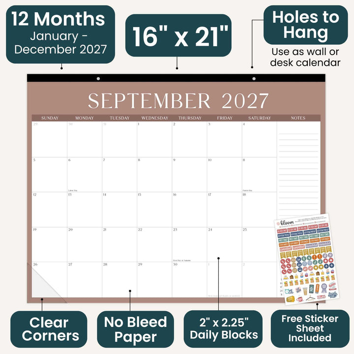 Wall calendar with September 2027 layout, dimensions, and features on a white background