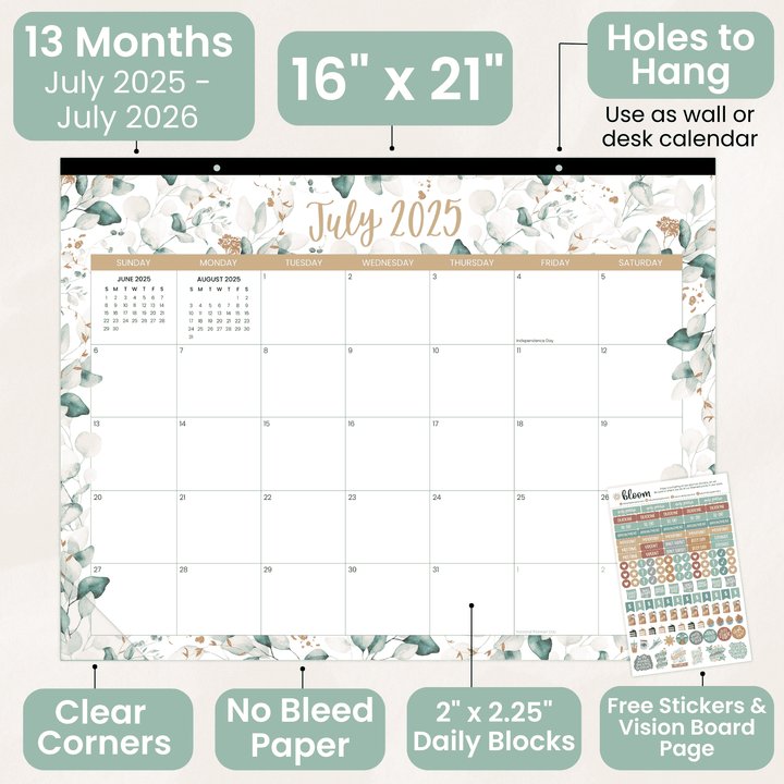 2025-26 Desk & Wall Calendar, 16" x 21", Greenery