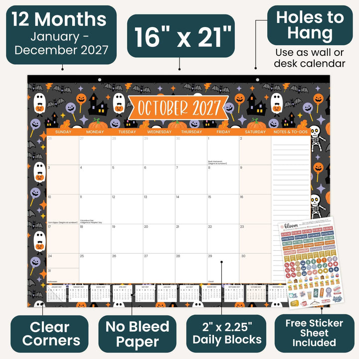 Halloween-themed calendar with clear corners, no bleed paper, and free sticker sheet included.