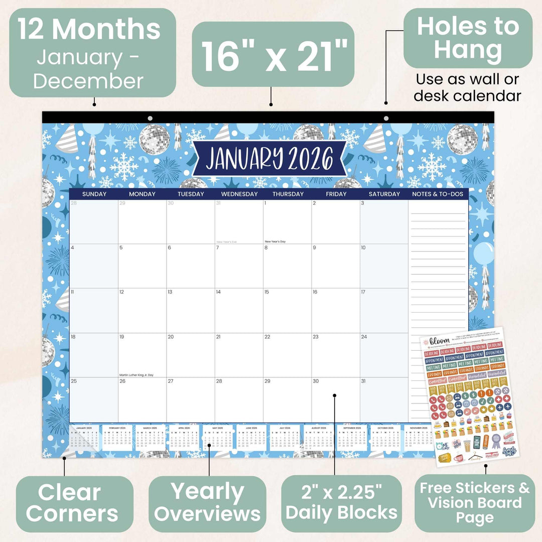 2026 Desk & Wall Calendar, 16" x 21", Holiday Icons